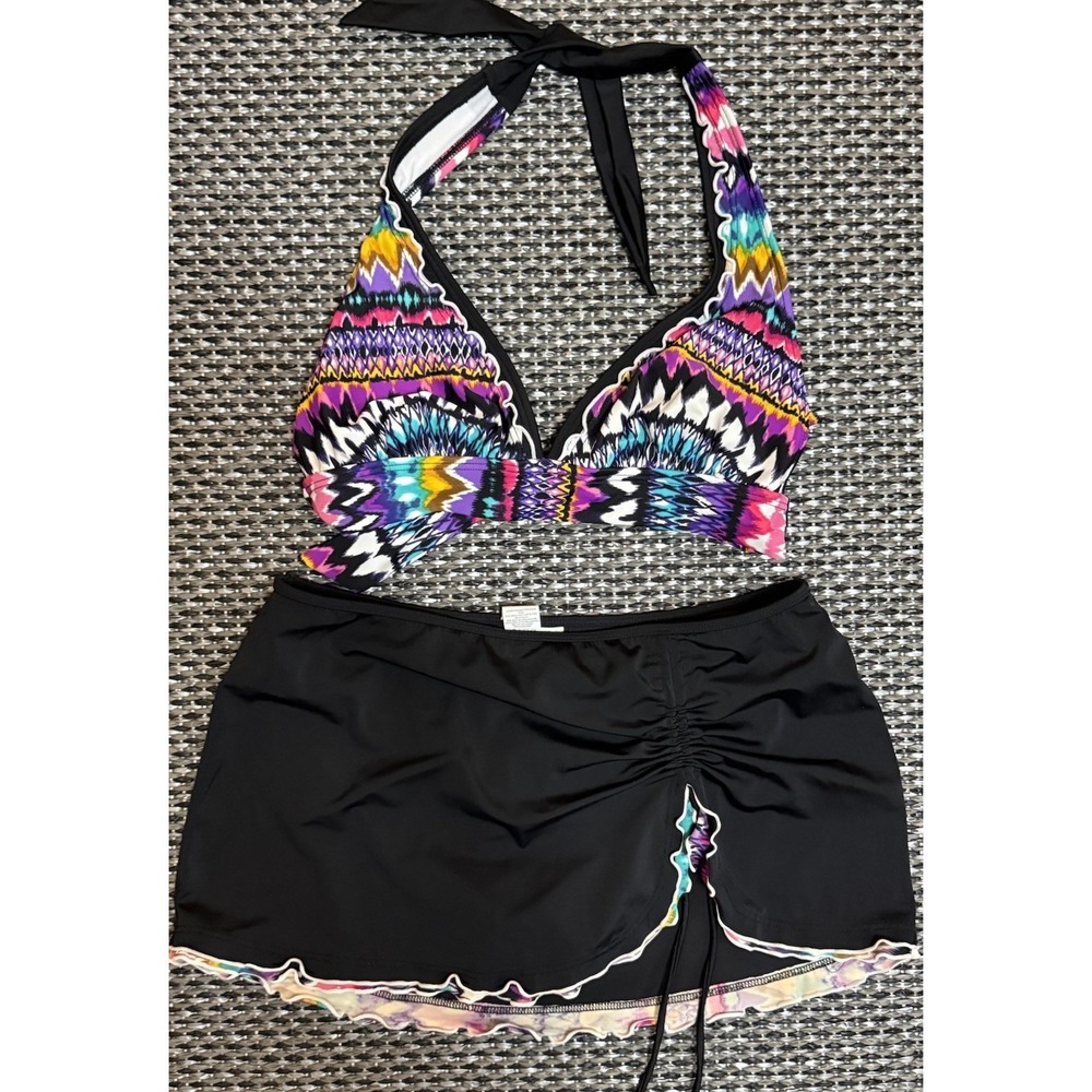 24th & Ocean 2pc Swimsuit Bikini Top Skirt Bottoms Cinch Skirt Multicolor  Sz M
